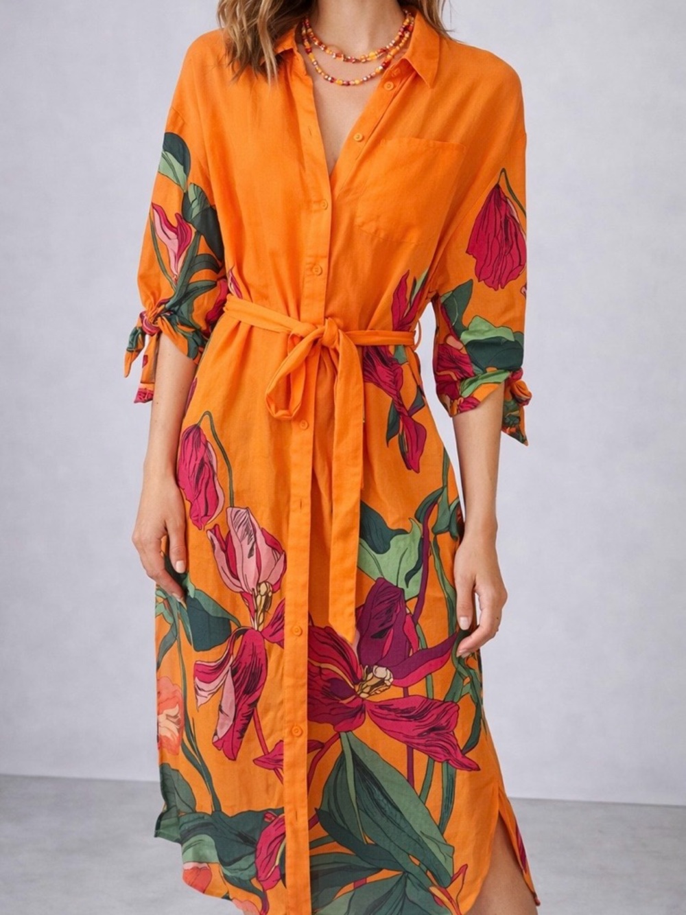 Express Orange Floral Button-Front Midi Dress